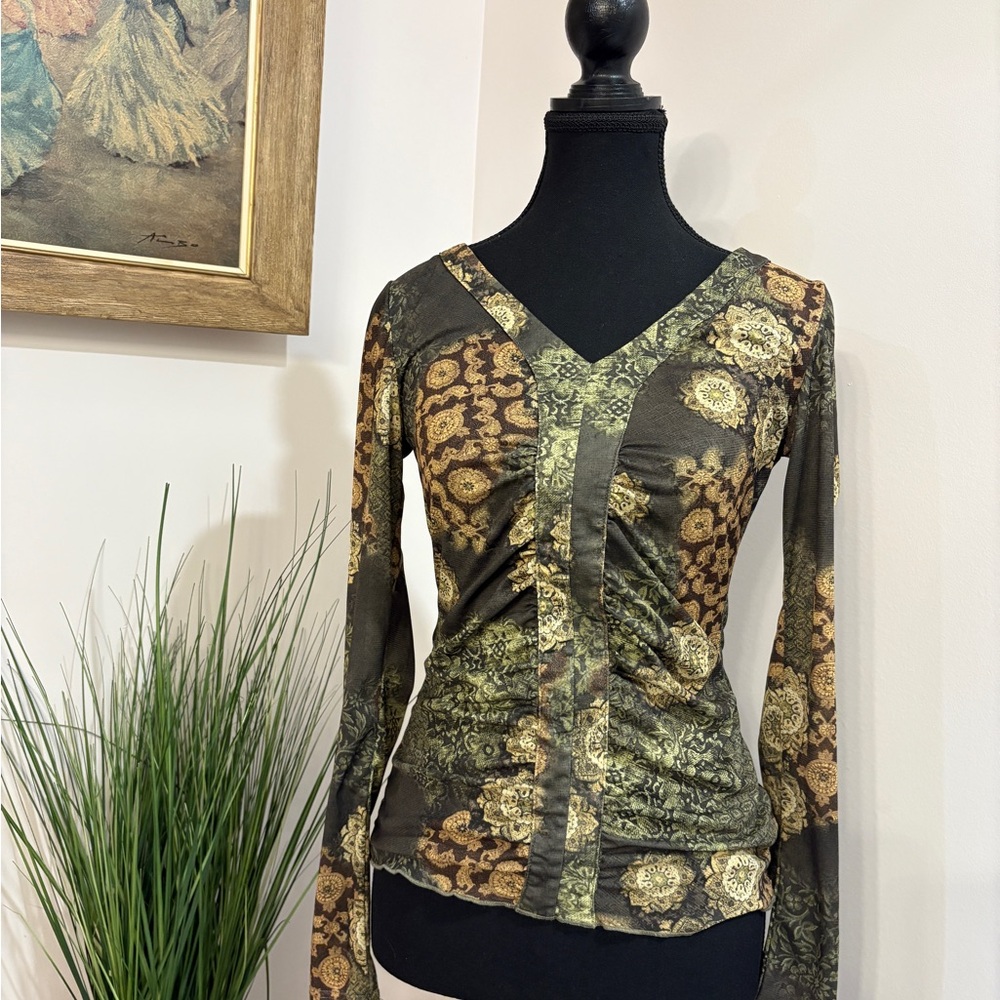 Vintage Olive and Gold Floral Blouse